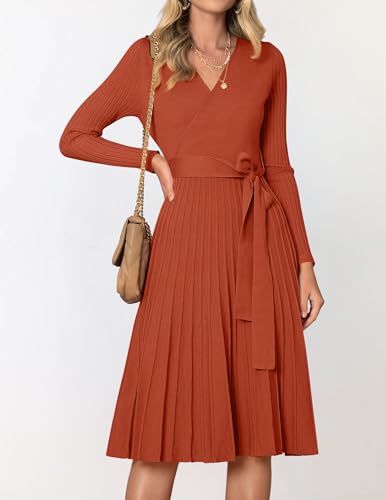 ZESICA Women's Long Sleeve Wrap Sweater Midi Dress with Belt - color: Rust, size: Large