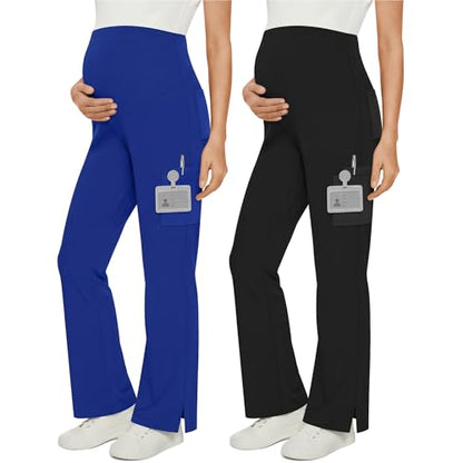 2 Pack Women's Maternity Wide Leg Cargo Scrub Pants - color: Royal Blue, Black, size: Small
