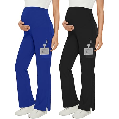 2 Pack Women's Maternity Wide Leg Cargo Scrub Pants - color: Royal Blue, Black, size: Large
