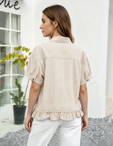 Flygo Womens Cropped Striped Button Down Shirts Ruffle Peplum Tops - color: Tan, size: X-Large