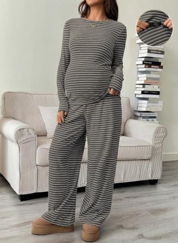 BLENCOT Maternity 2 Piece Outfits Striped Long Sleeve Pregnancy Set - color: Gray, size: Medium