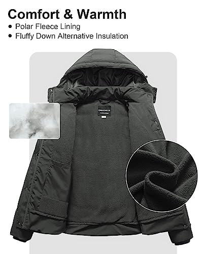 CREATMO US Women's Plus Size Warm Puffer Jacket Waterproof Fleece Lined Winter Coat with Removable Hood - color: Dark Grey, size: 1X