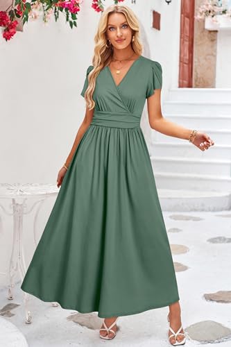 OUGES Women's Wrap V Neck Summer Maternity Photoshoot Dress with Pockets - color: Gray Green, size: Large