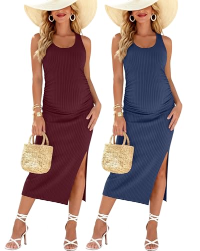 2 Pack Womens Split Long Maternity Dress - color: Burgundy, Navy Blue, size: X-Large
