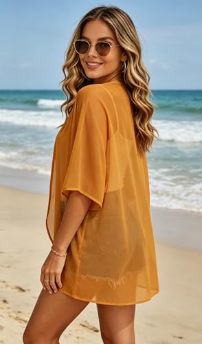 FINOCEANS Womens Kimono Cardigans Cover Up Beach Floral Summer Casual Tops - color: 01n Ginger, size: Medium