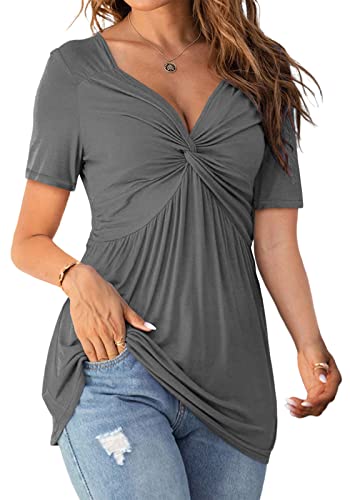 Tankaneo Womens Front Knotted V-Neck Blouse T Shirt Short Sleeve Oversized Tunic Tops Summer Solid Pullover Tees - color: A26-gray, size: X-Large