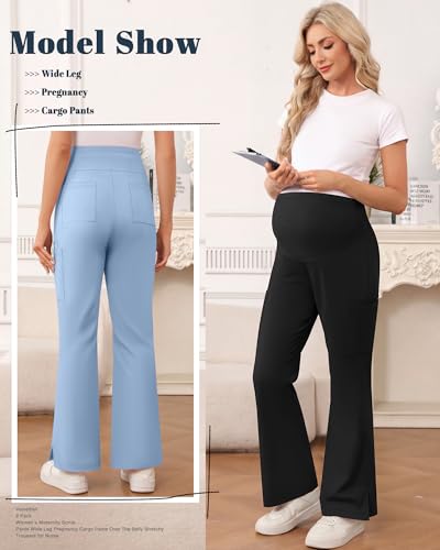 2 Pack Women's Maternity Wide Leg Cargo Scrub Pants - color: Black, Light Gray Blue, size: X-Large