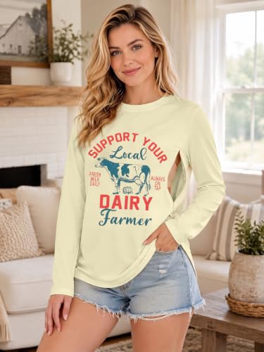 Womens Nursing Breastfeeding Shirt Long Sleeve Hidden Zipper Postpartum Top - color: C-apricot, size: Small