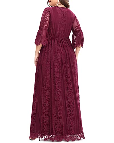 Plus Size Wedding Dresses Boho Lace Formal Bohemian Fall Long Dress - color: Burgundy, size: 22 Plus