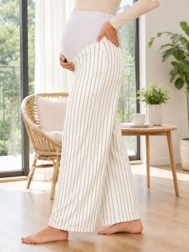 Yousify Womens Maternity Pants Casual Wide Leg Pregnancy Trousers - color: White Striped, size: Small