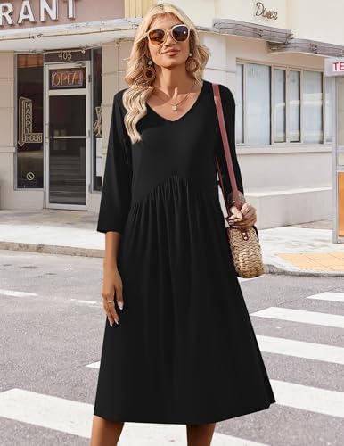 Zeagoo Summer Dresses for Women 2026 3/4 Sleeve Casual Midi Tshirt Dresses - color: 01 Solid Black, size: Large