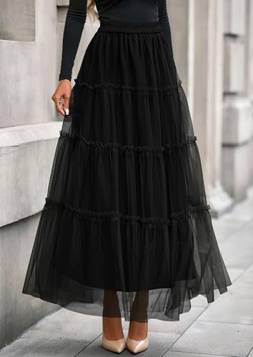 PRETTYGARDEN Women's Fall Soft Tulle Tiered Long Skirt - color: Black, size: Medium