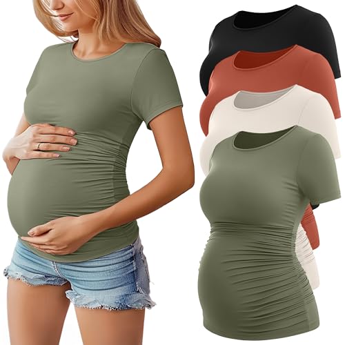 Huukeay 4 Pack Women's Short Sleeve Maternity Tops - color: Army Green, Cream, Pumpkin, Black, size: Medium