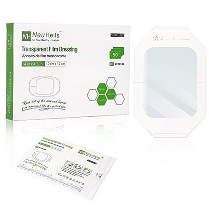 NeuHeils Transparent Film Dressing Large 4x4.75 Inch, 50 Pack, Waterproof - size: 4" x 4 3/4"