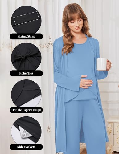 Ekouaer Maternity Pajamas Nursing Robe Set 3 Pieces Post Partum Lounge Sets - color: Light Blue, size: Medium