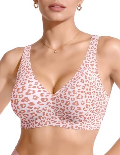 Vertvie Wireless Jelly Bras Push Up Plunge Seamless Supportive - color: Leopard Pink, size: XX-Large