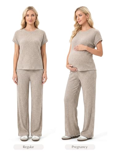 BLENCOT Maternity Sets Summer Ribbed Knit Pajamas Outfits - color: Khaki, size: Large