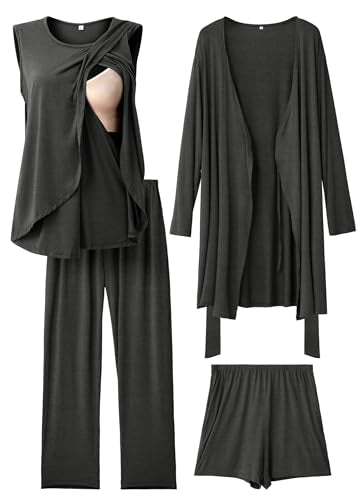 Rnxrbb 4 PCS All-Season Nursing Pajamas Robe Set Maternity Postpartum Pjs - color: Deep Gray, size: Medium