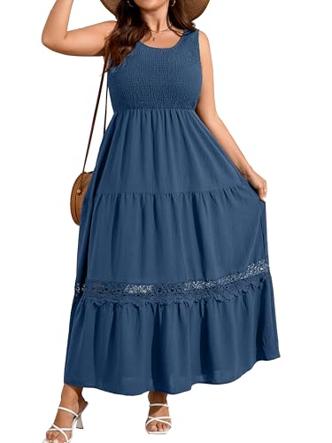 RWJ Plus Size Summer Dresses Smocked Sleeveless Sundress Beach Maxi Dress - color: Dusty Blue, size: Large Plus