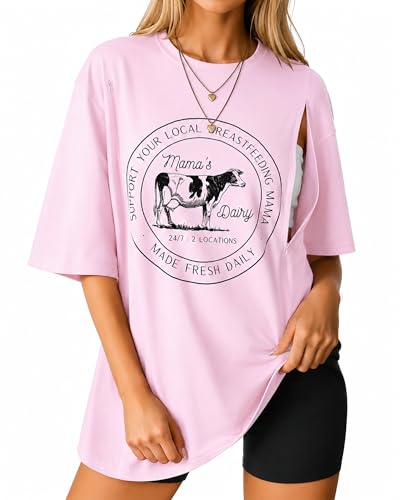 Oversized Nursing Shirts for Breastfeeding Friendly Zipper Nursing Shirt Maternity Mama Breast Feeding Tops - color: Light Pink, size: X-Large