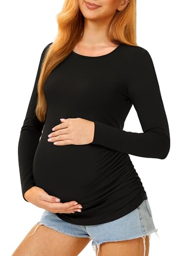 Maternity Shirts Long Sleeve Crew Neck Pregnancy Top for Women - color: Black, size: X-Large