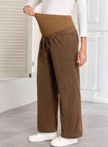 BLENCOT Maternity Pants Over Belly Wide Leg Pregnancy Casual Sweatpants - color: Coffee, size: Medium