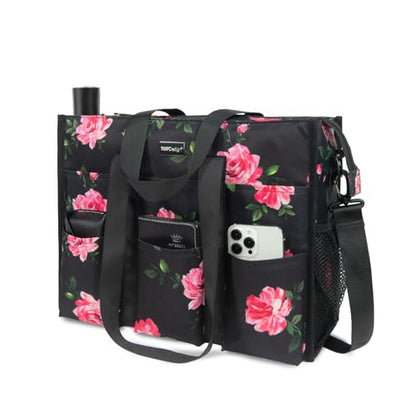 TOPDesign Utility Water Resistant Tote Bag with 22 Pockets, Zipper Closure - color: Peony, size: Medium