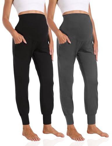 Foucome Women's Maternity Pants Comfy Stretchy Joggers Sweatpants - color: 2pack Black/Dark Grey, size: Medium