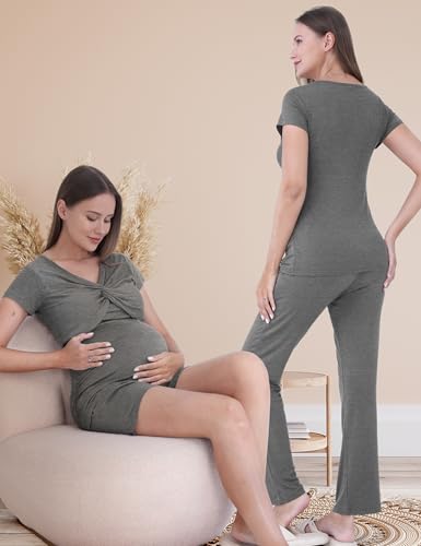 3-Piece Maternity Nursing Pajamas Set for Pregnancy & Postpartum - color: Dark Gray, size: Small