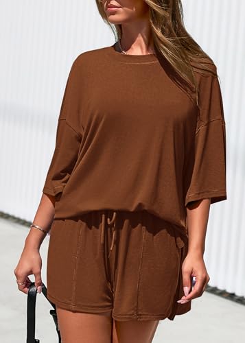 KIRUNDO 2 Piece Sets for Women Summer Lounge Sets Casual - color: Brown, size: Small