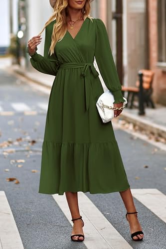 PRETTYGARDEN Women's Floral Boho Long Sleeve Maxi Dress - color: Solid Army Green, size: XX-Large