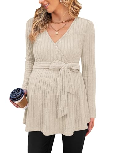 FMEYOA Women's Maternity Shirts Long Sleeve Pregnancy Tops - color: Beige, size: X-Large