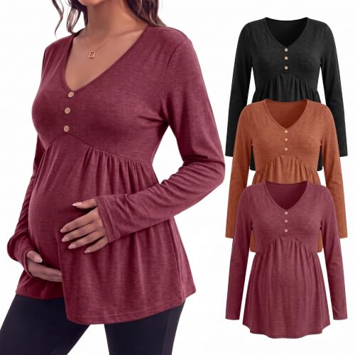 Cutecrop 3 Pack Maternity Long Sleeve V Neck Shirt - color: Black, Wine Red, Caramel, size: Large