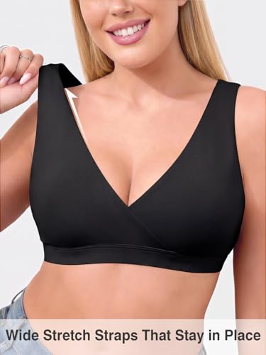 Nursing Bra for Breastfeeding Wireless V Neck Sleep Bra - color: Black, size: 3X-Large