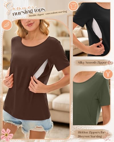 3 Pack Nursing Tops for Women - color: Army Green, Brown, Black, size: XX-Large