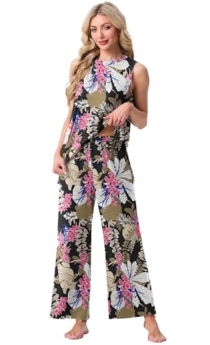 PrinStory Womens Pajamas Sets Sleeveless Pjs Set S-4XL - color: Fp-big Leaf Pink, size: Small