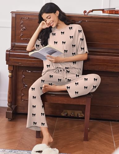Ekouaer Lounge Sets for Women Soft Comfy Pajama Set 2 Piece Outfits - color: Beige Bow, size: X-Large