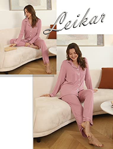 Leikar Button Up Pajamas For Women Long Sleeve Viscose Soft Pjs Lounge - color: Bean Paste, size: Large