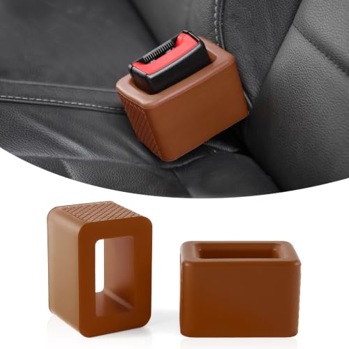 Amiss 2PCS Seat Belt Buckle Holder, Universal Silicone Rear Seat Belt Booster & Fixer for Easy Access, Keeping Receptacle Upright, Car Interior Accessories-Fits Most Cars (Brown) - color: Brown