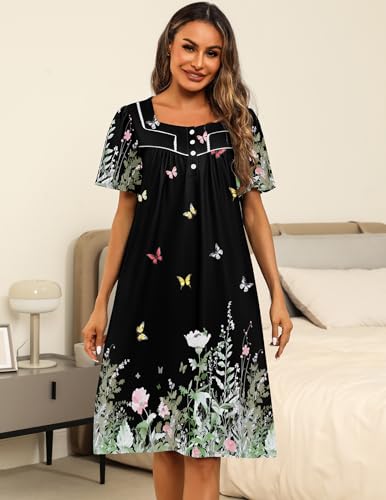 Ekouaer Women's House Dress with Pocket Button Mumus - color: Floral Butterfly, size: Medium