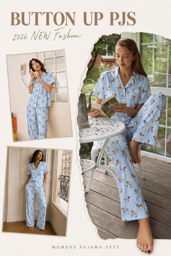 Ekouaer Womens Pajama Sets Button Down Lounge Sets 2 Piece Short Sleeve Pjs - color: Blue Stripe, size: Small