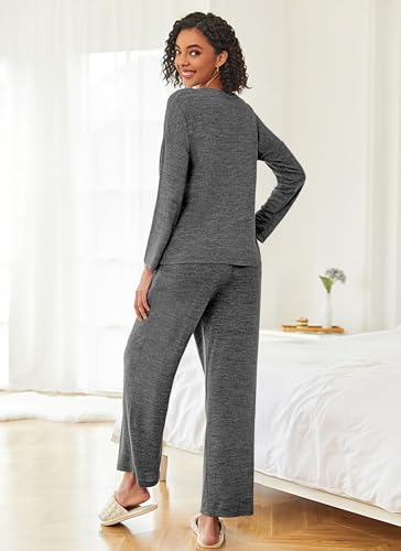 Ekouaer Womens Pajama Sets Button Up Long Sleeve Lounge Set Soft V Neck Pj - color: Flower Grey, size: Medium