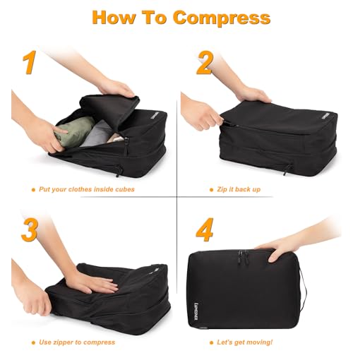 Lumesner 8 Set Compression Packing Cubes, Travel Suitcase Organizers - color: Black