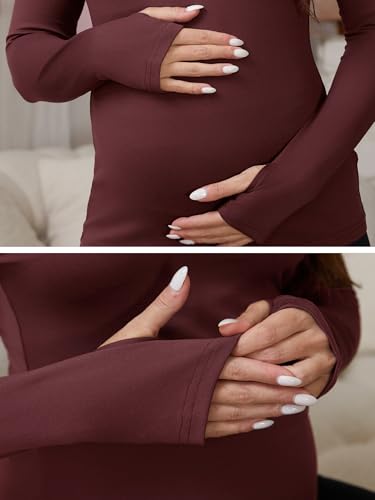 Women Maternity Stretchy Fitted Crew Neck Long Workout Tops - color: Dark Red, size: Small