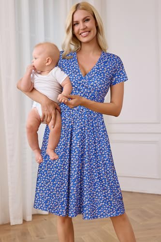 OUGES Women's Wrap V Neck Summer Casual Maternity Nursing Dress - color: Blue Yellow Floral, size: Large