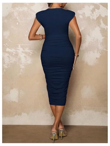 OYOANGLE Women's Maternity Crew Neck Short Sleeve Ruched Dress Pregnancy Bodycon Midi Dresses - size: Large