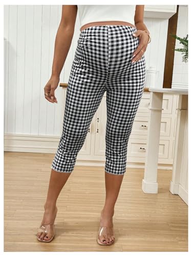 MakeMeChic Women's Maternity Plaid Capri Leggings Split Hem Capris Pants - color: Black and White, size: XX-Large