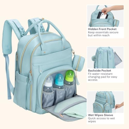 BabbleRoo Leather Diaper Bag Backpack - Baby Essentials Travel Baby Bag, Multi function, Water Resistant, with Changing Pad, Stroller Straps & Pacifier Case – Unisex, Powder Blue - color: Vegan Leather Powder Blue, size: Large