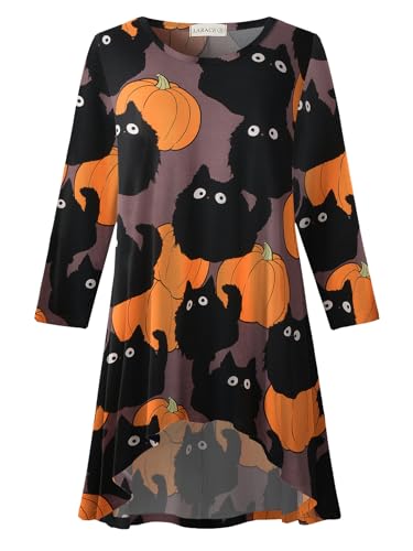 LARACE Womens Plus Size 3/4 Sleeve High Low Swing Tunic Tops - color: Halloween Pumpkin Cat, size: Large
