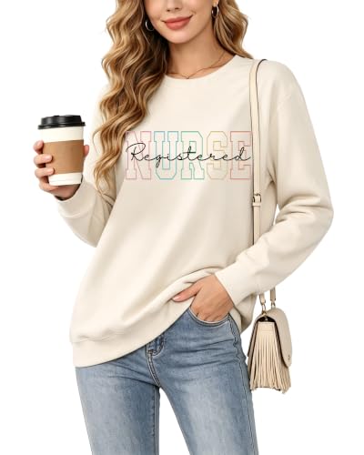 Registered Nurse Sweatshirt Women RN Nurse Long Sleeve Graphic Shirts - color: Beige, size: X-Large